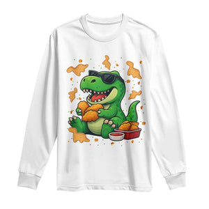Funny Dinosaur Eating Chicken Nuggets Long Sleeve Shirt Food Lover Gift TS12 White Print Your Wear