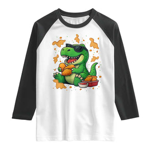 Funny Dinosaur Eating Chicken Nuggets Raglan Shirt Food Lover Gift TS12 White Black Print Your Wear