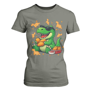 Funny Dinosaur Eating Chicken Nuggets T Shirt For Women Food Lover Gift TS12 Military Green Print Your Wear