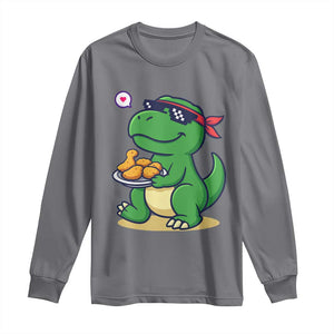 Cute Dinosaur Eating Chicken Nuggets Long Sleeve Shirt Food Humor Gift TS12 Charcoal Print Your Wear