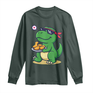 Cute Dinosaur Eating Chicken Nuggets Long Sleeve Shirt Food Humor Gift TS12 Dark Forest Green Print Your Wear