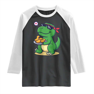 Cute Dinosaur Eating Chicken Nuggets Raglan Shirt Food Humor Gift TS12 Black White Print Your Wear