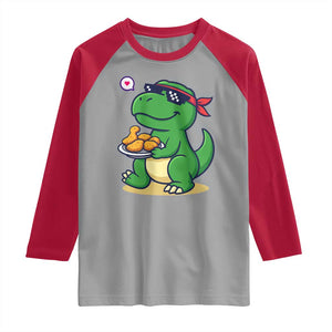 Cute Dinosaur Eating Chicken Nuggets Raglan Shirt Food Humor Gift TS12 Sport Gray Red Print Your Wear