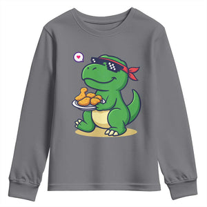 Cute Dinosaur Eating Chicken Nuggets Youth Sweatshirt Food Humor Gift TS12 Charcoal Print Your Wear