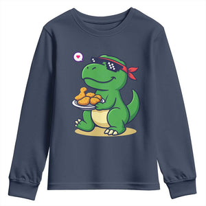 Cute Dinosaur Eating Chicken Nuggets Youth Sweatshirt Food Humor Gift TS12 Navy Print Your Wear