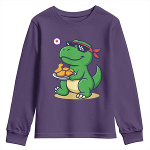 Cute Dinosaur Eating Chicken Nuggets Youth Sweatshirt Food Humor Gift TS12 Purple Print Your Wear