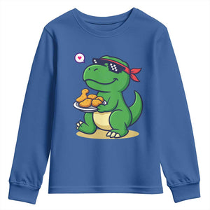 Cute Dinosaur Eating Chicken Nuggets Youth Sweatshirt Food Humor Gift TS12 Royal Blue Print Your Wear