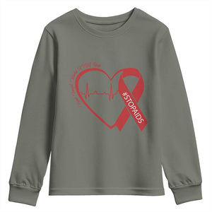 Never Forget World AIDS Day Youth Sweatshirt Red Ribbon HIV Awareness Gift TS12 Military Green Print Your Wear