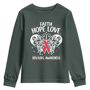 Red Ribbon Faith Hope Love Youth Sweatshirt World AIDS Day Gift TS12 Dark Forest Green Print Your Wear