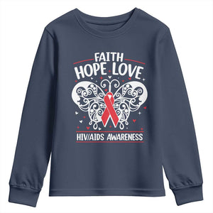 Red Ribbon Faith Hope Love Youth Sweatshirt World AIDS Day Gift TS12 Navy Print Your Wear
