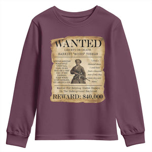 Vintage Harriet Tubman Poster Youth Sweatshirt Wanted For Helping Slaves Escape TS12 Maroon Print Your Wear