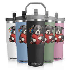 Pitbull Mom Flip Straw Tumbler Cute Puppy Hugging Heart Love Dog TS12 Print Your Wear