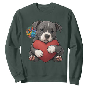 Pitbull Mom Sweatshirt Cute Puppy Hugging Heart Love Dog TS12 Dark Forest Green Print Your Wear