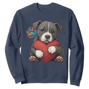 Pitbull Mom Sweatshirt Cute Puppy Hugging Heart Love Dog TS12 Navy Print Your Wear