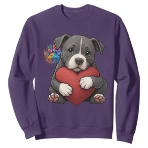 Pitbull Mom Sweatshirt Cute Puppy Hugging Heart Love Dog TS12 Purple Print Your Wear