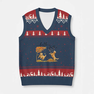 Funny Hello Fall Thanksgiving Golden Retriever V-Neck Knit Sweater Vest TS12 Navy Red Print Your Wear
