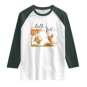 Funny Hello Fall Thanksgiving Golden Retriever Raglan Shirt TS12 White Dark Forest Green Print Your Wear