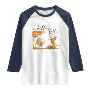 Funny Hello Fall Thanksgiving Golden Retriever Raglan Shirt TS12 White Navy Print Your Wear