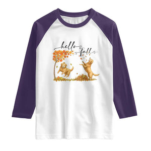 Funny Hello Fall Thanksgiving Golden Retriever Raglan Shirt TS12 White Purple Print Your Wear