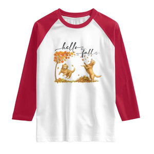 Funny Hello Fall Thanksgiving Golden Retriever Raglan Shirt TS12 White Red Print Your Wear