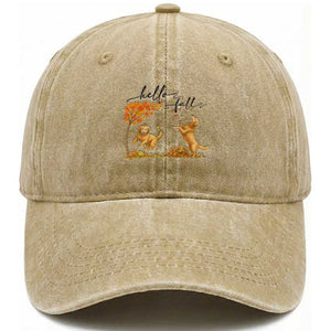 Funny Hello Fall Thanksgiving Golden Retriever Washed Cotton Baseball Cap TS12 Print Your Wear