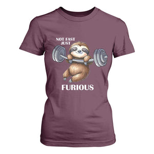 Funny Gym Sloth T Shirt For Women Not Fast Just Furious TS12 Maroon Print Your Wear