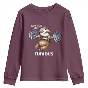 Funny Gym Sloth Youth Sweatshirt Not Fast Just Furious TS12 Maroon Print Your Wear