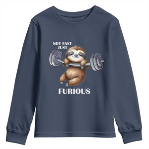 Funny Gym Sloth Youth Sweatshirt Not Fast Just Furious TS12 Navy Print Your Wear