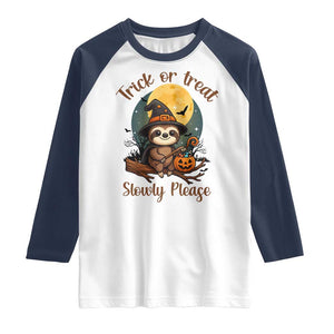Funny Halloween Sloth Raglan Shirt Trick Or Treat Slowly Please TS12 White Navy Print Your Wear