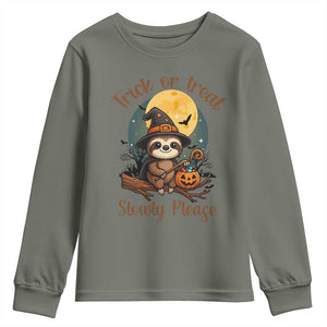 Funny Halloween Sloth Youth Sweatshirt Trick Or Treat Slowly Please TS12 Military Green Print Your Wear