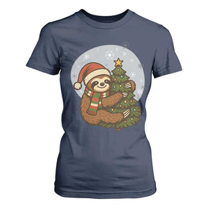 Funny Xmas T Shirt For Women Slothin Around The Christmas Tree TS12 Navy Print Your Wear