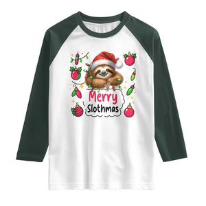 Funny Christmas Sloth Raglan Shirt Merry Slothmas TS12 White Dark Forest Green Print Your Wear