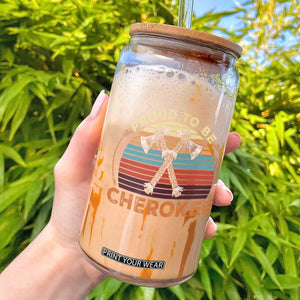 Cherokee Heritage Pride Glass Can Vintage Sunset Tomahawk Native American Graphic