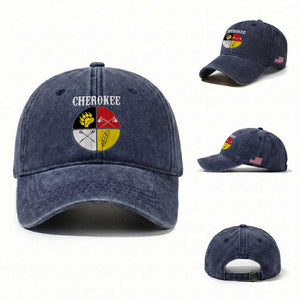 Cherokee Cultural Pride Washed Cotton Baseball Cap Native American Medicine Wheel Art
