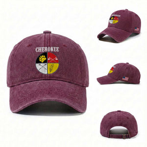 Cherokee Cultural Pride Washed Cotton Baseball Cap Native American Medicine Wheel Art