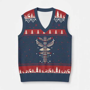 Native American Totem Pole V-Neck Knit Sweater Vest Pacific Northwest Indigenous Tribal