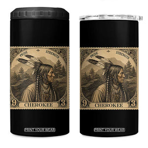 Cherokee Pride Strength 4 in 1 Can Cooler Tumbler Native American Vintage Postage Stamp Graphic