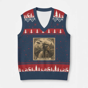 Cherokee Pride Strength V-Neck Knit Sweater Vest Native American Vintage Postage Stamp Graphic