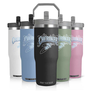 Cherokee Native American Heritage Flip Straw Tumbler Blue Feather Filigree Typography