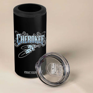 Cherokee Native American Heritage 4 in 1 Can Cooler Tumbler Blue Feather Filigree Typography