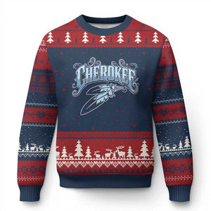 Cherokee Native American Heritage Ugly Christmas Sweater Blue Feather Filigree Typography