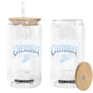 Cherokee Native American Heritage Glass Can Blue Feather Filigree Typography
