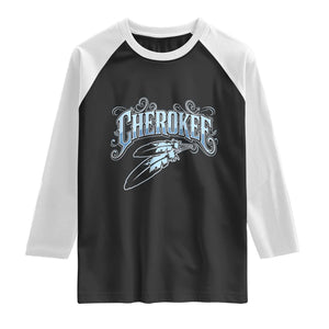 Cherokee Native American Heritage Raglan Shirt Blue Feather Filigree Typography