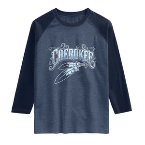 Cherokee Native American Heritage Raglan Shirt Blue Feather Filigree Typography