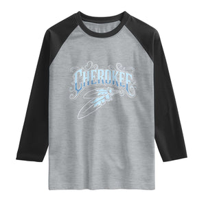 Cherokee Native American Heritage Raglan Shirt Blue Feather Filigree Typography
