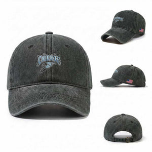 Cherokee Native American Heritage Washed Cotton Baseball Cap Blue Feather Filigree Typography