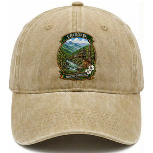 Vintage Great Smoky Mountains Washed Cotton Baseball Cap Cherokee North Carolina Landscape