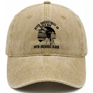Never Underestimate An Old Man With Cherokee Blood Washed Cotton Baseball Cap Native American Heritage Gift