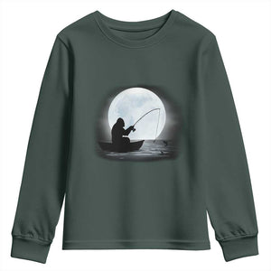 Funny Fisherman Gift Youth Sweatshirt Bigfoot Fishing TS12 Dark Forest Green Print Your Wear