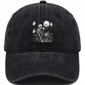 Halloween Skeleton Fishing Washed Cotton Baseball Cap Funny Fisherman Gift TS12 Washed Cap Universal Fit Black Print Your Wear